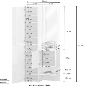 Set ingresso da 2 pezzi, 90x191x35 h cm, Bianco laccato lucido