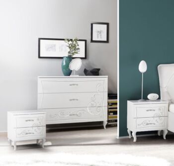 Set Comò e 2 comodini, finitura Bianco opaco con serigrafia, Made in Italy