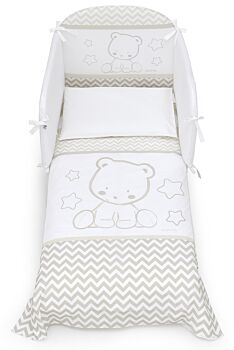 Culla moderna Teddy con ruote, bianca con decori Tortora