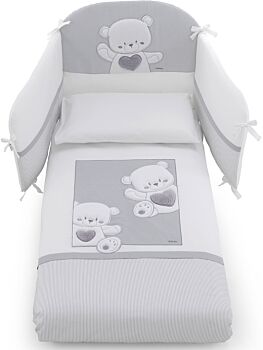 Culla Mr.Bear bianca e grigia con ruote, decori con orsetti