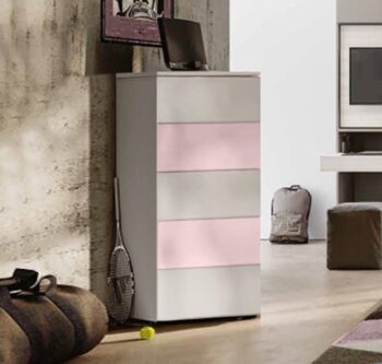 Settimino moderno con 5 cassetti, finitura Bianco altea, Rosa confetto e Grigio seta
