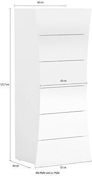 Cassettiera a 6 cassetti curvi, bianco laccato lucido, linea arco