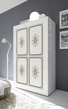 Vetrina chiusa 4 ante, bianco lucido con serigrafia dorata, Made in Italy