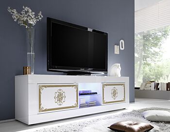 Porta TV, 2 ante, bianco lucido con serigrafia oro, Made in Italy