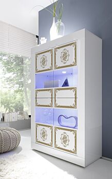 Vetrina 4 ante, bianco lucido con serigrafia dorata, Made in Italy