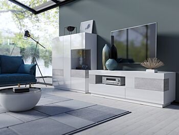 Porta TV e vetrina moderni bianco lucido e cemento