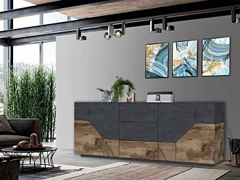 Conveniente Credenza geometrica 4 ante e 3 cassetti, colore Ardesia e Pero