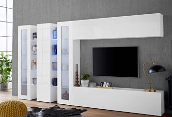 Conveniente Parete attrezzata con vetrine L.340 cm, finitura Bianco lucido, Made in Italy
