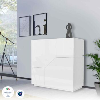 Credenza alta a 2 ante, colore Bianco laccato lucido 