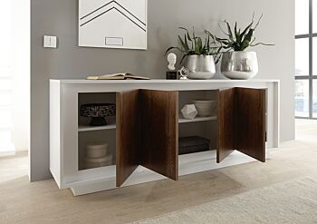 Credenza Moderna, Madia di Design, 4 ante, Bianco Opaco con frontali Cognac