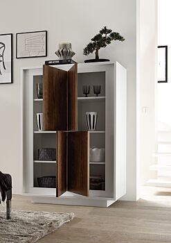 Credenza Moderna, Madia di Design, 4 ante Alta, Bianco Opaco con frontali Cognac