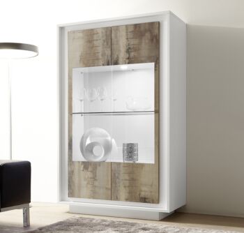 Vetrina Design Moderno, 4 ante Alta, Bianco Opaco con frontali Pero