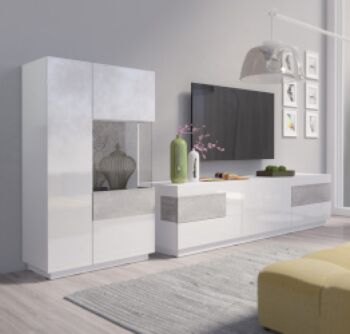 Madia alta contenitore, vetrina di design bianco lucido e cemento H.139