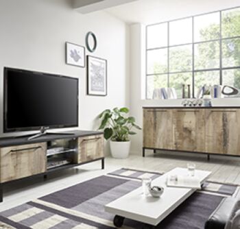 Soggiorno Industry con porta tv e madia in finitura Nero bruciato e Legno
