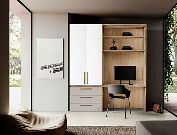Zona studio per Smart working in Bianco Opaco, Noce Biondo e Grigio Seta