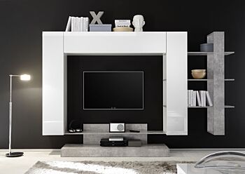 Parete attrezzata con libreria bianco lucido e beton