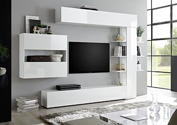 Pareti attrezzate soggiorno moderne con libreria bianco lucido