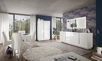 Soggiorno bianco moderno con tavolo, credenza e colonna