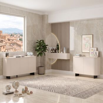 Insieme di 2 madie, in finitura Cashmere e con piedini color Lava, per il soggiorno