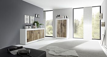Credenza Moderna, Madia Bianca Lucida con 2 ante e 3 cassetti in finitura Pero
