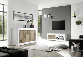 Credenza Moderna, Madia Bianca Lucida con 3 ante in finitura Pero