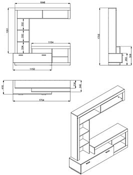 Parete attrezzata soggiorno, finitura Rovere grigio e Bianco opaco