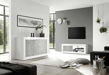 Credenza Moderna, Madia Bianca Lucida con 3 ante in finitura Cemento