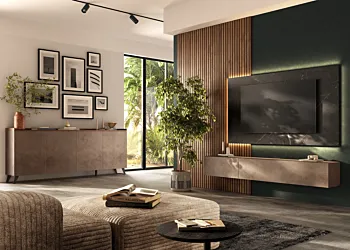 Parete attrezzata con pannello tv e boiserie, Marmo nero, Mercure cannettato e Bronzo