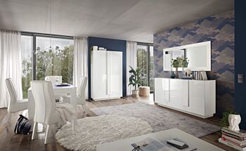 Soggiorno bianco lucido con tavolo, credenza e colonna
