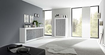 Credenza Moderna, Madia bianca laccata lucida e cemento a 4 ante