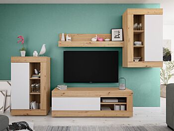 Soggiorno completo in offerta, finitura Rovere nodi e Bianco opaco