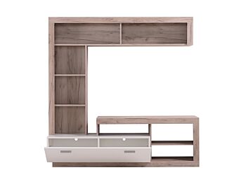 Parete attrezzata soggiorno, finitura Rovere grigio e Bianco opaco