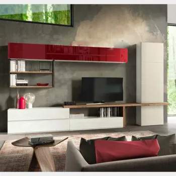 Soggiorno moderno Zenzero, parete attrezzata Arkas in finitura Frassinato bianco, Rovere Nordico, Terra opaco e Vetro Rosso