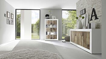 Credenza Moderna, Madia Bianca Lucida con 4 ante in finitura Pero
