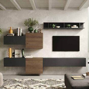 Parete attrezzata soggiorno moderno, finitura Lava e Mercure