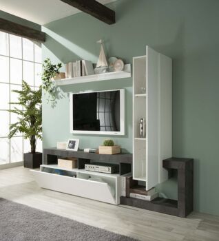 Soggiorno moderno di design composto da parete attrezzata e madia a 2 ante in finitura bianco e Cemento