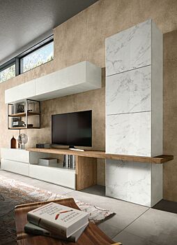 Parete attrezzata Saturno in finitura Bianco calce, Rovere nordico e Vetro marmo white