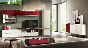 Soggiorno moderno Zenzero, parete attrezzata Arkas in finitura Frassinato bianco, Rovere Nordico, Terra opaco e Vetro Rosso