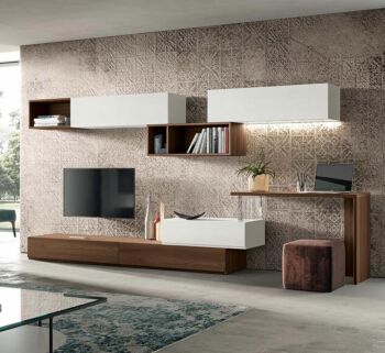 Soggiorno moderno Trifida con parete attrezzata e appendiabiti in finitura Bianco frassinato e Quercia brown