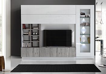 Parete attrezzata con vetrina e libreria in finitura grigia e bianco lucido