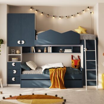 Soppalco per cameretta, Bianco opaco e Blu navy, L.290