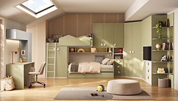 Cameretta a soppalco 3 posti letto con angolo e vano tv, Pistacchio e Bianco