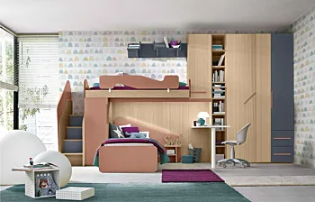 Soppalco camerette con due posti letto e scaletta contenitiva, finitura Rovere ambra, Blu reale e Rosa antico