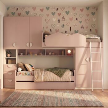 Cameretta soppalco con 5 ante, finitura Flamingo e Bianco opaco