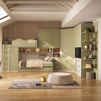 Cameretta a soppalco 3 posti letto con angolo e vano tv, Pistacchio e Bianco