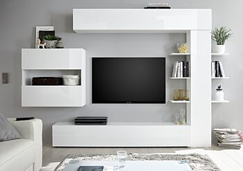 Pareti attrezzate soggiorno moderne con libreria bianco lucido