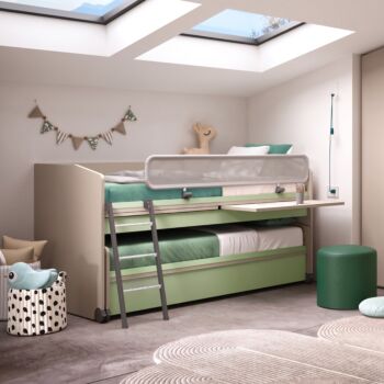 Letto Space Idea 2 cassetti e scrivania, Moretti Compact, Tortora e Menta