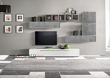 Parete attrezzata bicolore, design moderno Bianco Lucido e Beton