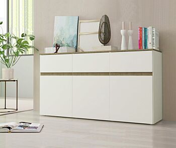 Madia moderna, 3 ante 3 cassetti, finitura Bianco Lucido e Adamello