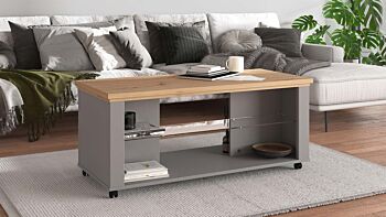 Tavolino con ripiano vetro, finitura Rovere e Grigio